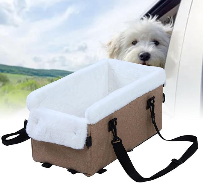 Diydeg Dog Car Seat, Soft Easy Installation Dog Booster Seat of Small Dogs and Cats, Portable Comfortable Travel Carrier Bed with Adjustable Straps for Cars, Trucks and SUVs (Khaki)