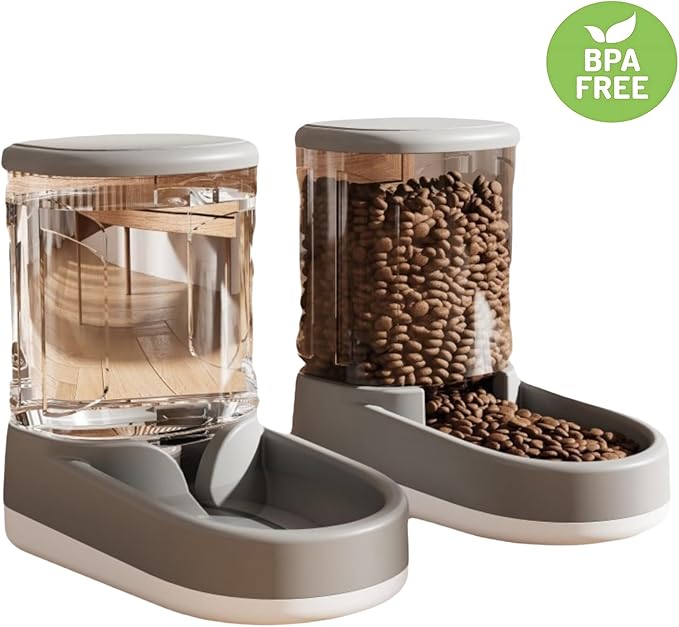 Gravity Pet Feeder & Water Dispenser Set (2Pcs), 1 Gallon Large Capacity Auto-Fill Top Fill Dog Cat Bowl, Fully Transparent Food Container with 6° Tilted Base for Healthy Feeding (Grey)