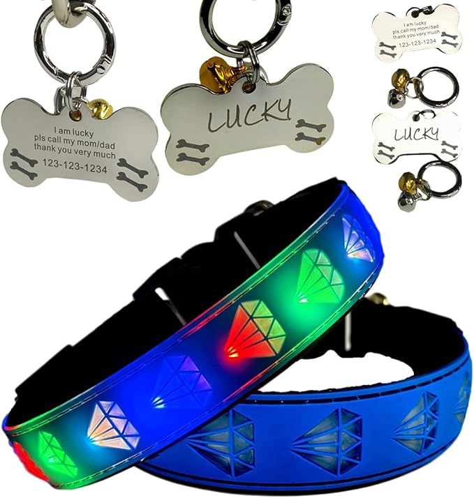 LED Dog Collar with Diamond Pattern, 15 Light Modes, with Bonus Pet ID Tag and Bell (BLUE Pro, M(11.8-15.7"))