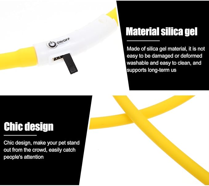 LED Rechargeable Silicone Pet Dog Collar Oval Shape Yellow L Size Glowing Anti-Lost Collar for Night Walking and Safety