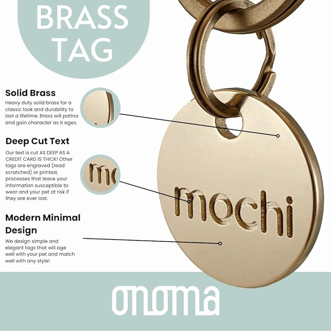 Solid Brass PET TAG - Modern, Minimal Pet IDs. Durable, Lifetime Tags with deep Cut Text. Includes Space for Two Phone Numbers. (Bell)