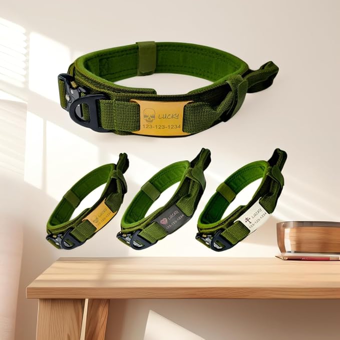 Personalized Tactical Dog Collar with Handle, Military Style, Adjustable (Army Green, XL(19.7-24.4"))