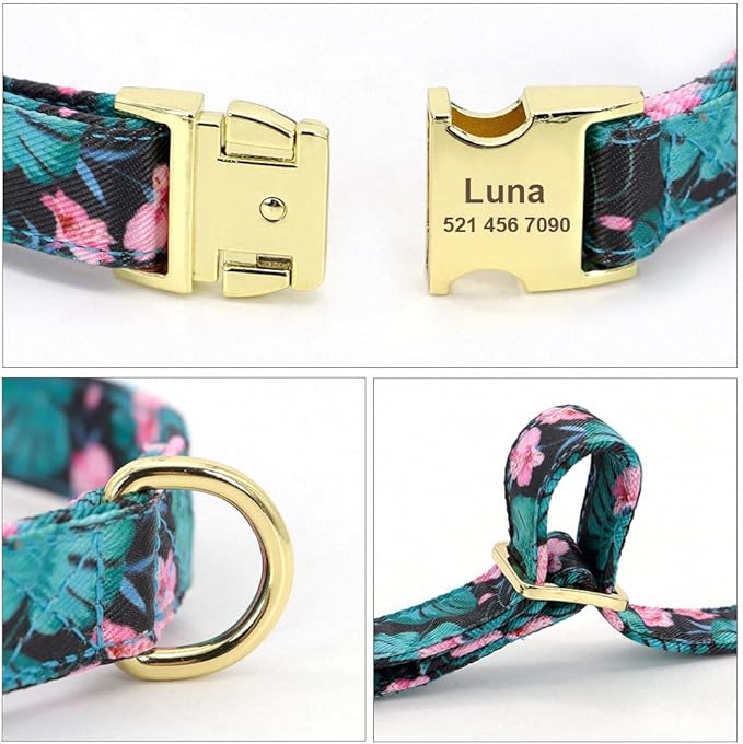 Custom Flower Dog Collar Nylon Floral Printed Pet Dog Collars Personalized Puppy Collar for Small Medium Large Dogs Cat Pitbull 145 Green M