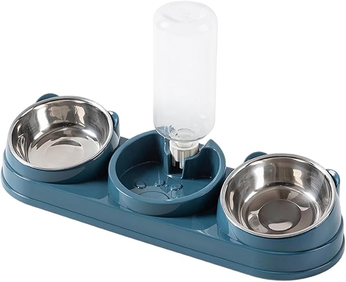Triple Cat Bowls Pet Feeder with Water Dispenser 15° Tilted Wet and Dry Food Bowl Set for Small Dogs and Cats- Dark Blue