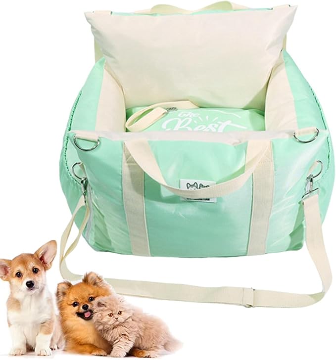 Cat Dog Pet Car Mat, Car Seat for Small Dogs, Detachable Washable Dog Booster Seat, Pet Car Seat Travel Bed, with Storage Pockets and Dog Safety Belt for Small Medium Dog Green