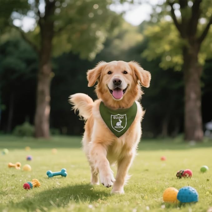 Bunny Patrol Green Dog Bandana, Funny Easter Pet Scarf Accessory Photo Prop for Outdoor Adventure Hiking Camping Mountain, Gifts for Ranger, Christmas Birthday Gifts for Puppy Lover Dad Mom