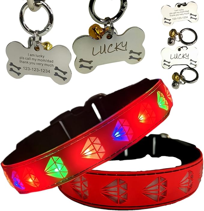 LED Dog Collar with Diamond Pattern, 15 Light Modes, with Bonus Pet ID Tag and Bell (RED Pro, XL(19.7-23.6"))