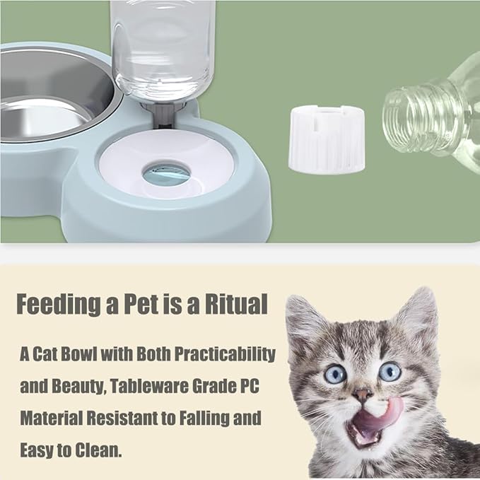 JAY D.L Double Dog Bowls, Cat Food and Water Bowl Set with Water Dispenser and Stainless Steel Bowl Gravity Feeder for Small or Medium Size Dogs Cats Rabbits (Blue)