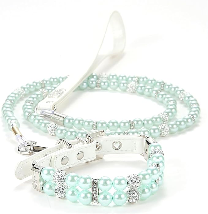 Green Pearl Dog Collars for Small Dogs, Beaded Cat Collar Leash Set Puppy Necklace with Crystal Rhinestone Diamond for Girl Kitten XXSmall Small Medium Dogs Wedding & Birthday Party, XXS
