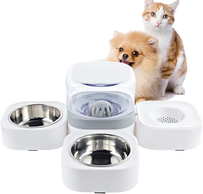 Automatic Pet Water Dispenser 1.8L Cats Dogs Food Water Feeder Dispenser Foutains Bowls with Detachable No-Spill Waterer and Stainless Steel Feeder Bowl for Pets Puppy Kitten