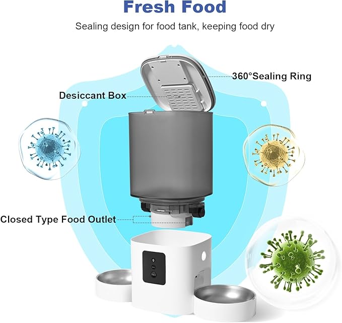 2.4G/5G WiFi Automatic Cat Feeder, 6L Food Dispenser with 10s Voice Recorder, Double Bowls Pet Feeder up to 10 Meals per Day, Timed Cat Feeder with Dry Food Sealed Ring