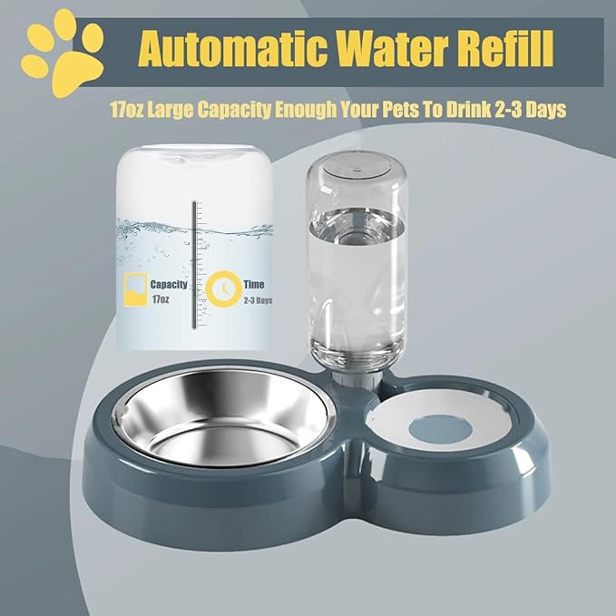 JAY D.L Double Dog Bowls, Cat Food and Water Bowl Set with Water Dispenser and Stainless Steel Bowl Gravity Feeder for Small or Medium Size Dogs Cats Rabbits (Dark Green)