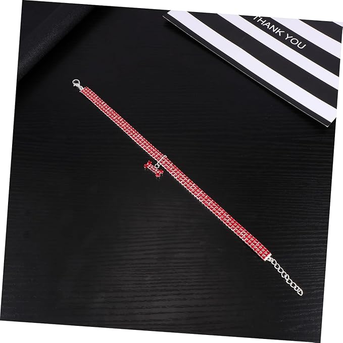 Rhinestone Pet Dog Collar Adjustable Crystal Dog Collar with Mini Bone Pendant Red M Size for Puppy