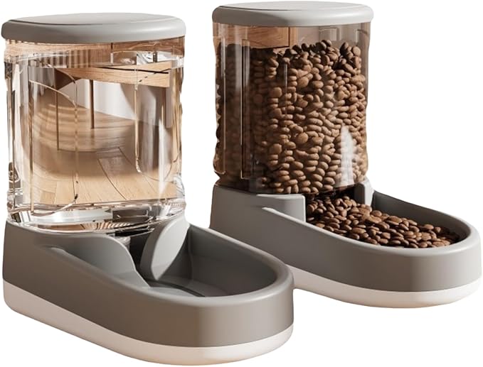 Gravity Pet Feeder & Water Dispenser Set (2Pcs), 1 Gallon Large Capacity Auto-Fill Top Fill Dog Cat Bowl, Fully Transparent Food Container with 6° Tilted Base for Healthy Feeding (Grey)