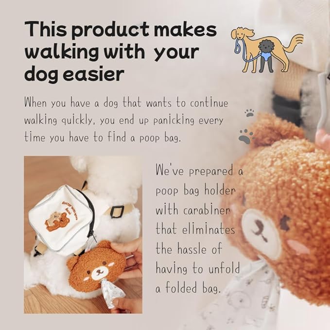 Dog Poop Bag Holder with Carabiner | Soft Plush Animal Dispenser | Cute Pet Waste Bag Pouch for Leash or Backpack | Dog Walking Accessory | Easy Pull Roll Storage