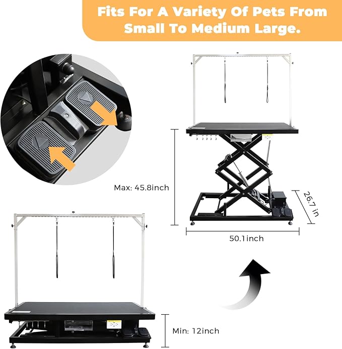 Electric Pet Dog Grooming Table, 50" Heavy Duty Grooming Table Professional Double X-Lift for Large Dogs Adjustable Height: 12"-45.8" Non-slip, AC Outlets, Storage Tray, 2 Nooses, Black