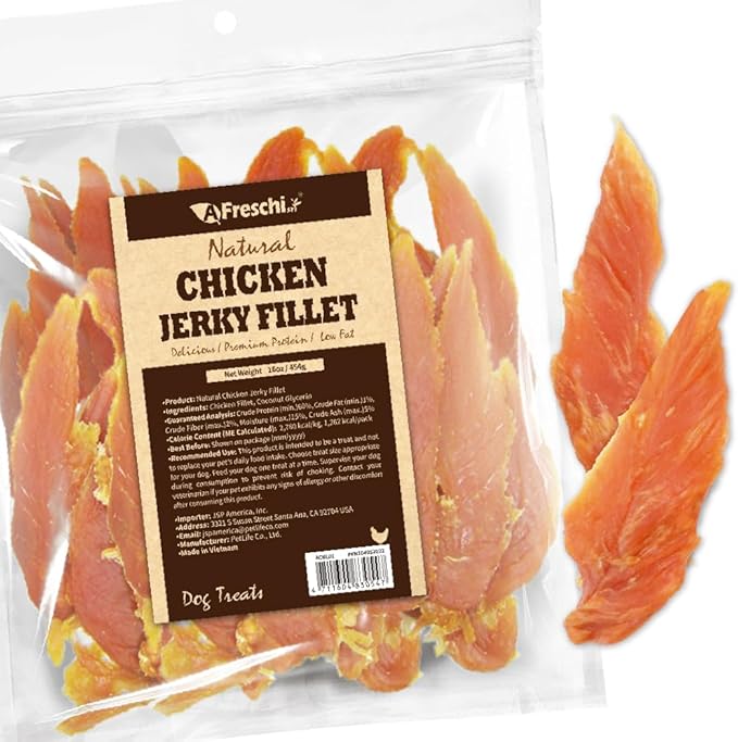 Afreschi Chicken Jerky Dog Treats, All Natural, High-Protein, Healthy & Easily Digestible, Grain-Free Puppy Chews, Human Grade Training & Rewards Dog Snacks, Chicken Fillet, 16 oz Pack