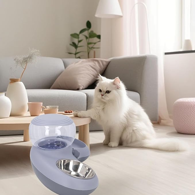 Ergonomic Tilted Cat Feeder with Automatic Water Dispenser, Stainless Steel Spill Proof, Easy to Clean, Raised Food and Water Station for Small Dogs and Cats (Gray)