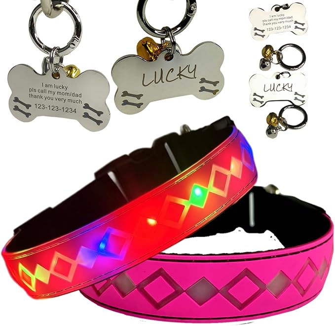 LED Dog Collar with ID Tag, 15 Light Modes, Waterproof Silicone, Night Safety (Pink Pro, S(7.87-11.8"))