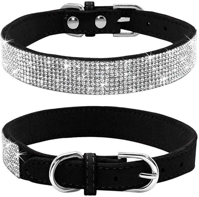 Rhinestone Dog Collar, Cute Dazzling Sparkling Soft Suede Leather Dog Cat Rhinestone Collar Crystal Diamond Pet Dog Puppy Collar(Black,S)