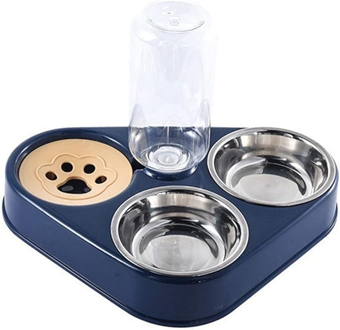 3 in 1 Pet Dog Bowl with Water Bottle Cat Automatic Drinking Food Double Bowls Stainless Steel(3 in 1 Navy Blue)