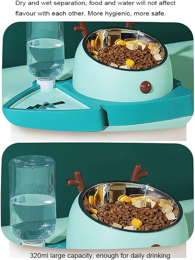 2-in-1 Double Dog Cat Bowls, Pet Water and Food Bowl Set, 320ml Automatic Water Dispenser Detachable Stainless Steel Bowl No-Spill Dog Waterer, Pet Feeder Auto Pets Waterer for Cat and Small Dog