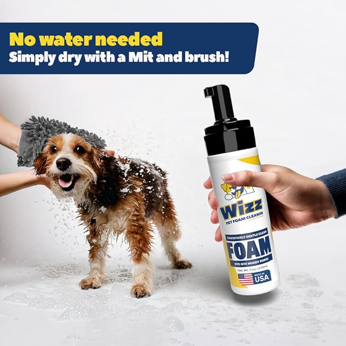 Muddy Mat® Wizz Paw Foam & Pet Grooming Mitt – No-Rinse Cleaner for Dogs Large & Small – Paw Cleanser & Chenille Bath Mitt – Portable Grooming Solution – 7 fl oz