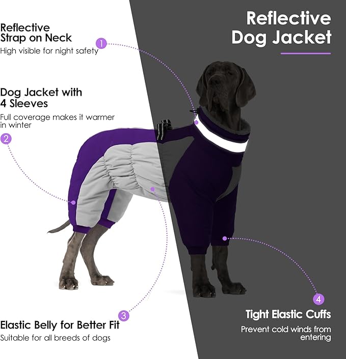 SUNFURA Purple Large Dog Coat, Water-Resistant Fleece, Turtle Neck, Windproof, Reflective, Full Body Warm Winter Dog Jacket with Harness