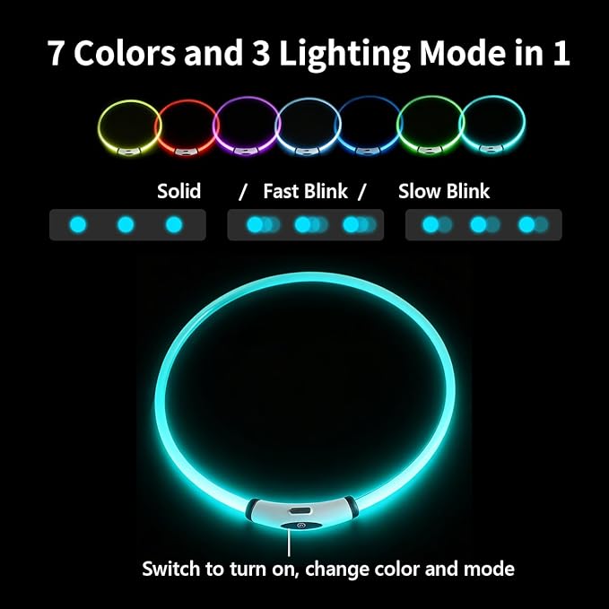 LED Dog Collar 7 Colors in 1, USB Rechargeable Waterproof Light Up Collar, 3 Flashing Mode for Night Walking Safety, TPU cuttable (70cm)