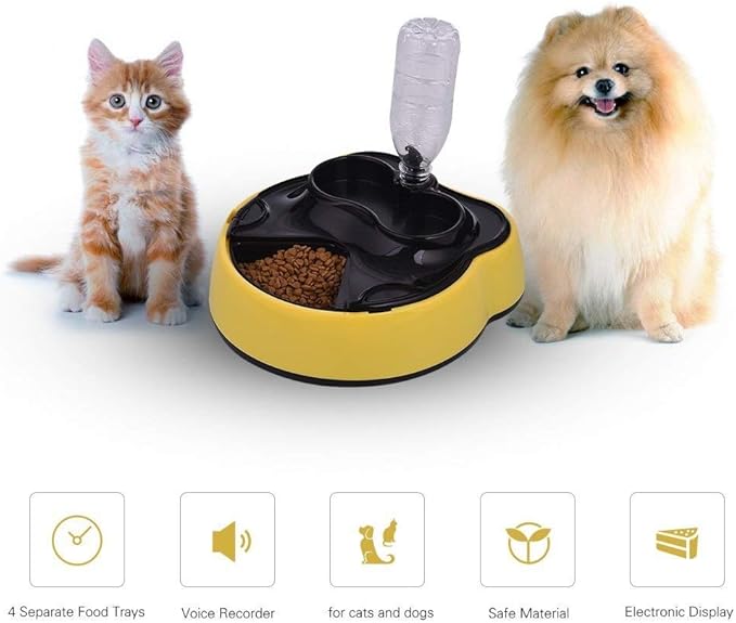 feeders Yellow 1.6L pet Dog cat Intelligent Automatic Feeder Timing quantitative Food Dualuse Water Dispenser 4 Meals recordable Battery Bowl Tray
