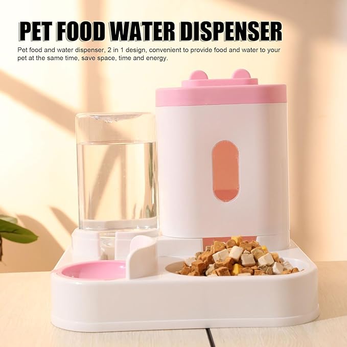 Pet Food Water Dispenser 2 in 1 Large Capacity Detachable Automatic Cat Waterer Feeder for Dog Puppy (Pink)