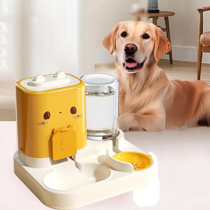 Automatic Pet Feeder 2 in 1 Food and Water Dispenser Removable Bowls for Cats Dogs Puppy Kitten Portable Self Feeding System for Home Travel with Convenient Design (Yellow)