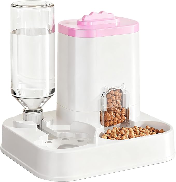 Gravity Pet Feeder and Water Dispenser Set, Cat Food Automatic Feeder and Automatic Dog Feeder and Water, Suitable for Small Pets Such as Cats and Dogs (Pink)