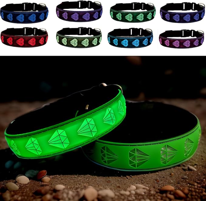 LED Dog Collar with Diamond Pattern, 15 Light Modes, with Bonus Pet ID Tag and Bell (Green, S(7.87-11.8"))