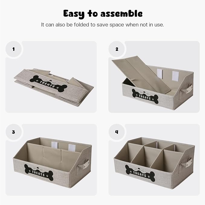 Dog Treat Container, Dogs Storage Organizer with Removable Dividers, Collapsible Dogs Treat Holder for Countertop, Trapezoid Pet Treats Containers, Dog Toy Basket with PU Handles, Medium, Gray
