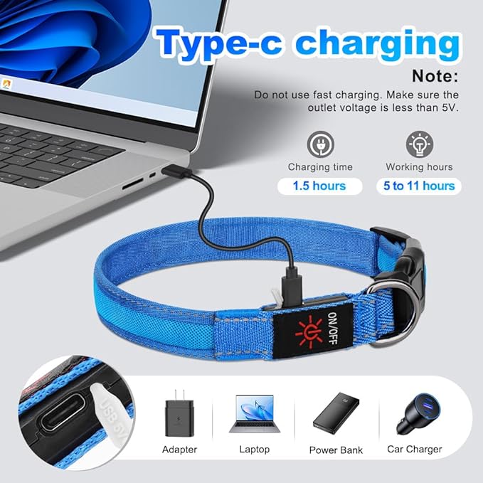 LED Dog Collar, Light Up Dog Collar Adjustable USB Rechargeable High Visibility Dog Light Glowing Pet Collars for Small Medium Large Dogs (Blue, M)