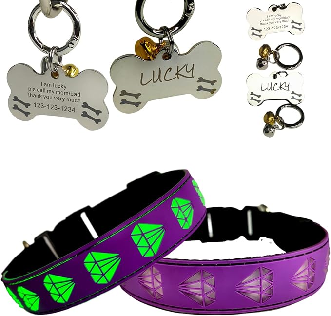 LED Dog Collar with Diamond Pattern, 15 Light Modes, with Bonus Pet ID Tag and Bell (Purple, L(15.7-19.7"))