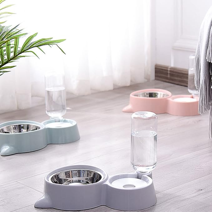 Dog Feeder Food Water Bowls Set Stainless Steel Bowl Dish Automatic Bottle Dispenser Easy to Pet Automatic Feeder and Waterer Dog Water Food Bowl Dispenser Set