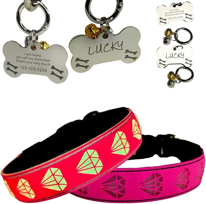 LED Dog Collar with Diamond Pattern, 15 Light Modes, with Bonus Pet ID Tag and Bell (Pink, S(7.87-11.8"))