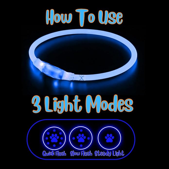 Dog Collar Light, Adjustable & USB Rechargeable, Water resistant, 3 light modes. Keep your Dog visible & safe at night, during walks. Suitable for all Pets, even people