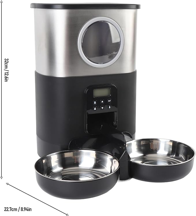 Automatic Pet Feeder, 5L Quantitative Feeding Stainless Steel 2 Bowls Dog Food Dispenser Large Capacity Automatic Timed Cat Feeders with Visable Window for Cats Dogs (Black)