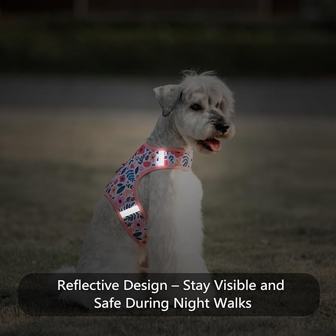 Dog Harness for Small Sized Dog,Hook-and-Loop Easy On/Off, Reflective Adjustable Soft Mesh Vest for Puppy (Pink Floral Print,XXXS)