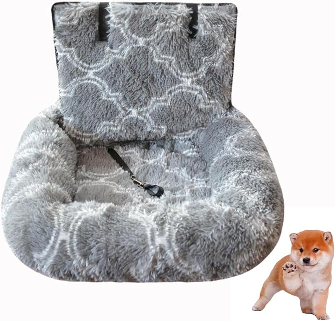 Dog Car Seat with Seat Belt Car Seat Dog Bed, Furry Safety Seat for Large and Small Dogs, Travel Pet Bed with Thick Cushions (Gray & White Check, 60×60cm)