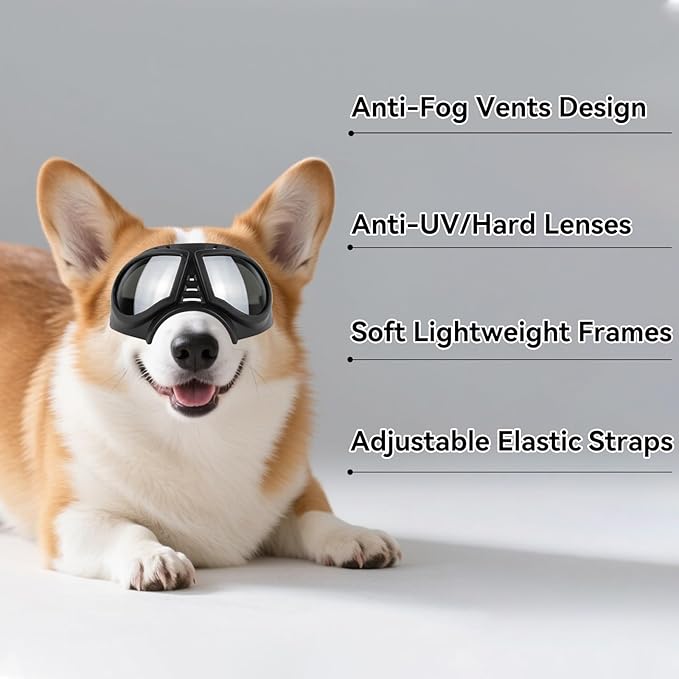 Namsan Dog Goggles Small Breed, Wide Snout & Soft Frame, Tactical Driving Sunglasses for Dogs Small to Medium Breed, Anti-UV Dog Eye Protection, Windproof Dustproof, Adjustable, Silver Lens