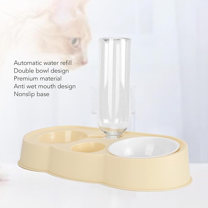 Pet Water and Food Bowl Set, Stable Prevent Slip Double Pet Bowls with Automatic Water Dispenser Bottle, Double Dog Cat Bowls Pet Feeding Bowls for Cats Small Dogs(Yellow)