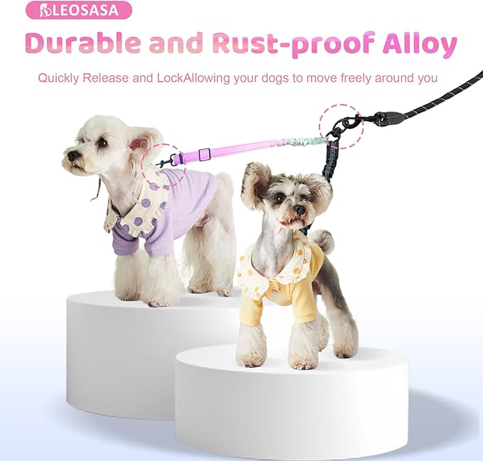 Double Dog Leash for Two Dogs - Gradient Color No Tangle Swivel Dog Coupler with Heavy Duty Clip, Size Adjustable Bungee Leash Attachment for Small, Medium, Large 2 Dogs, Style 4