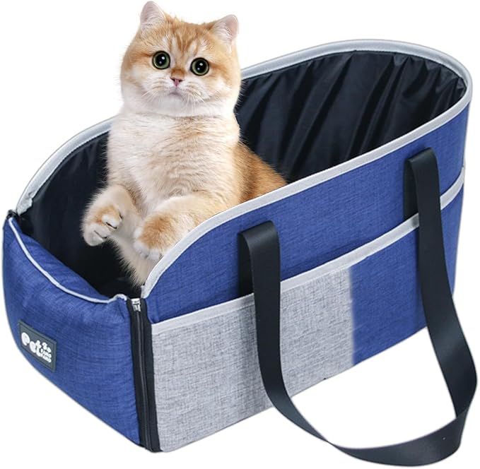 Small Pet Travel Seat – Car Center Console Dog Carrier, Pet Car Bed with Safety Straps | Soft-Sided Carrier, Travel Bag for Small Dogs or Cats, Fits Front Console, Ideal for Commuting or Trips