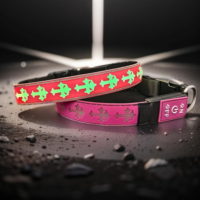 Subversive USB-C led Light up Dog Collar,3D Cross Design Comfortable and Soft Material,Multicolored Lighting (Pink with airtag Holder, XL(19.7-23.6"))