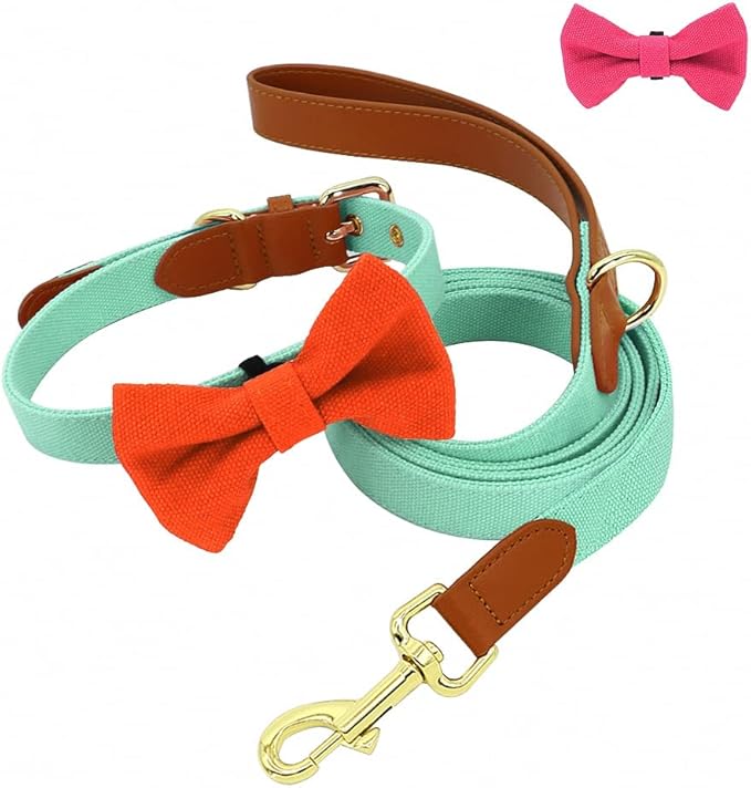 Small Dog Collar Leash Set Nylon Pet Collars Walking Lead Cute Puppy Bowknot Necklace for Small Medium Dogs Cats Adjustable Green Set M