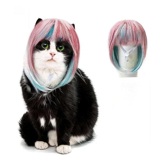 Pet Wig for Dogs and Cats, Realistic Adjustable Costume Wig with Simulated Hair for Small Medium Large Pets, Halloween Cosplay Party Photo Shoot Fun Accessory (Pink)